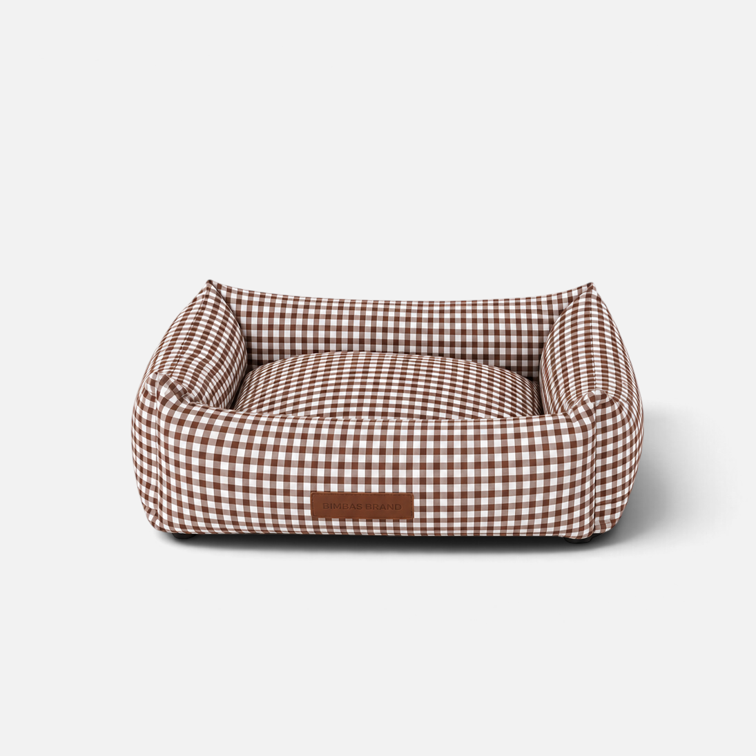 Cama para perros BIMBAS BRAND con estampado vichy marrón, diseño desenfundable, impermeable y elegante.