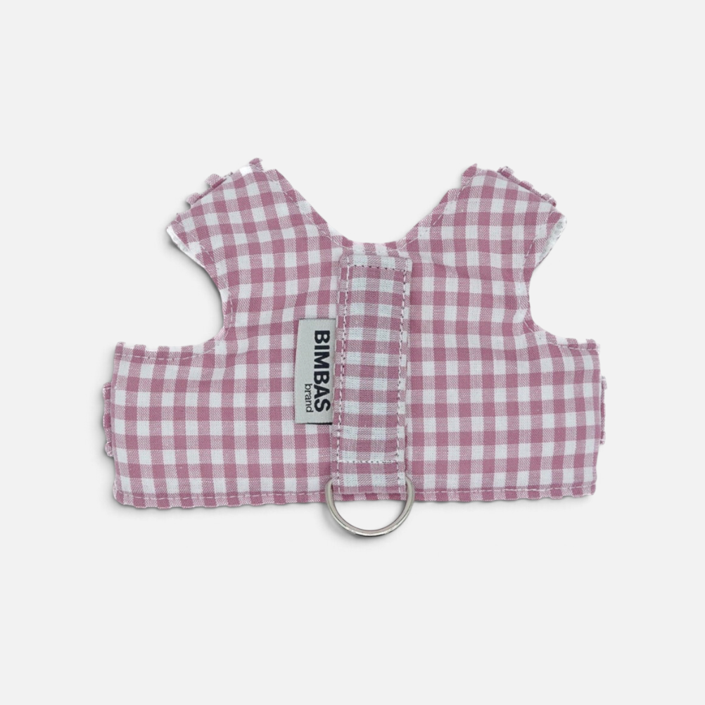 Arnés chaleco para perro BIMBAS BRAND con estampado de cuadros vichy en color rosa y tejido de algodón transpirable