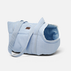 Transportín acolchado BIMBAS BRAND para perros en algodón a rayas azules y blancas con etiqueta de cuero sintético