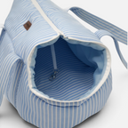 Transportín acolchado BIMBAS BRAND para perros en algodón azul a rayas con cremallera y enganche de seguridad interior