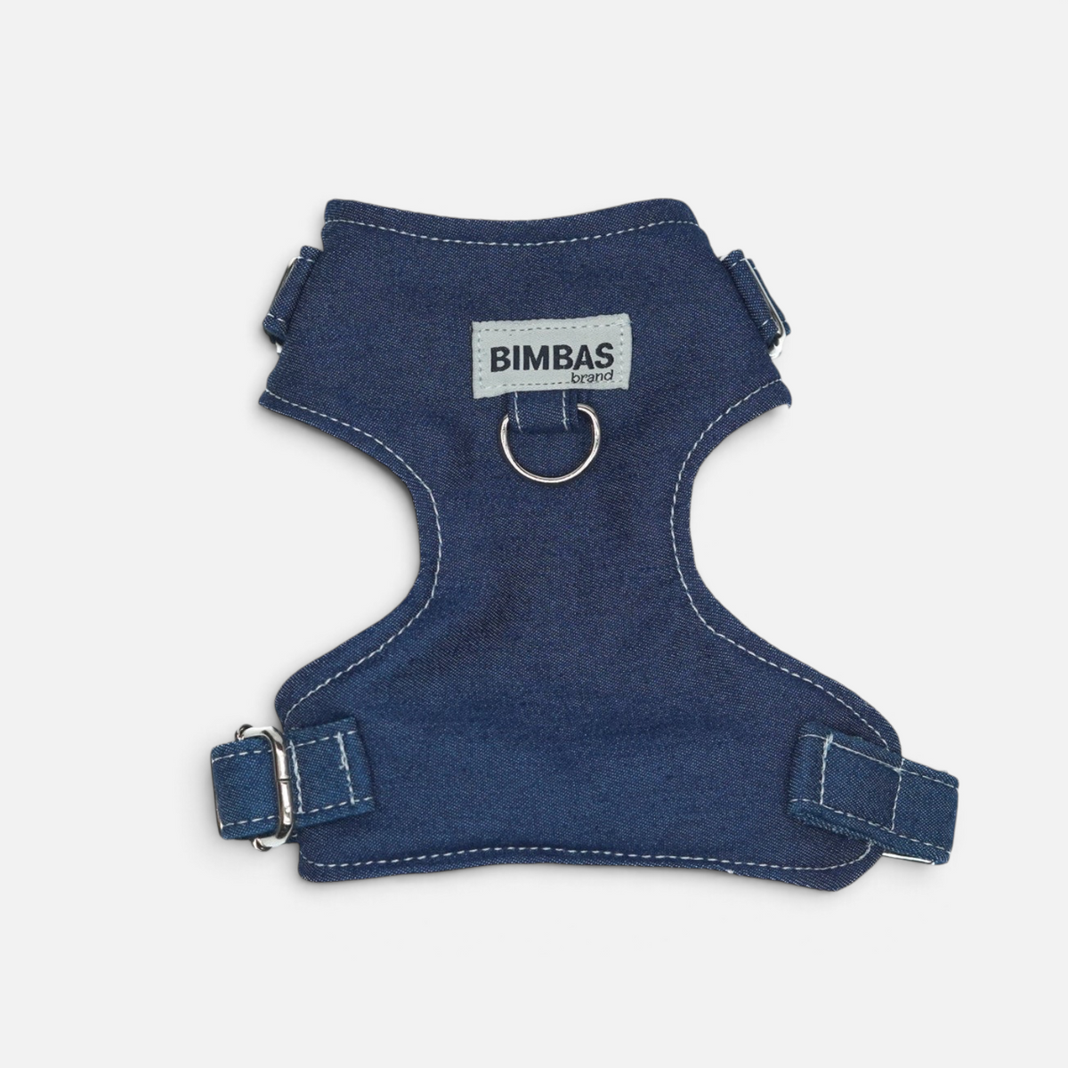 Arnés para perros BIMBAS BRAND de tela vaquera azul con interior de borreguito, diseño ergonómico y hebillas metálicas