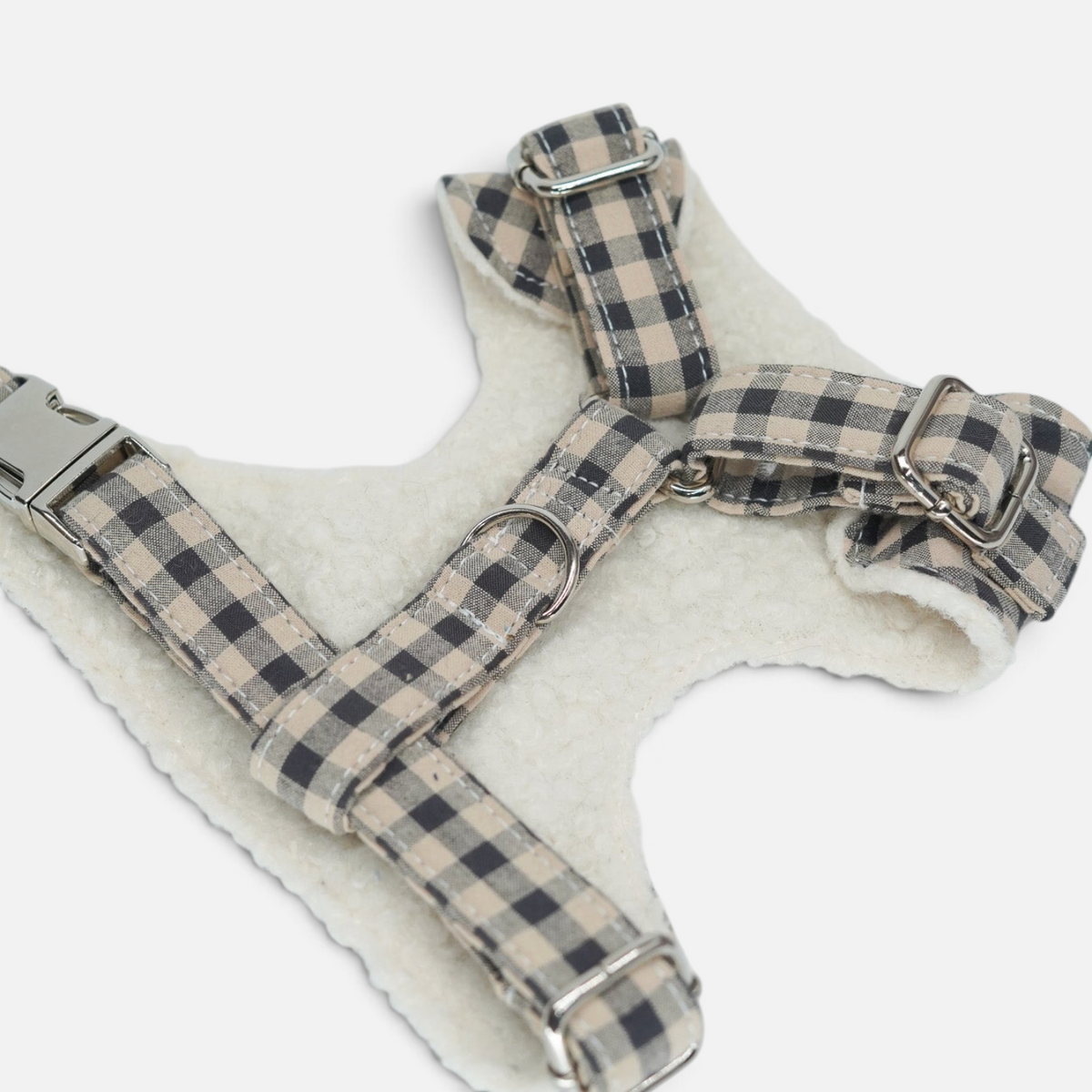 Arnés para perros BIMBAS BRAND de cuadros vichy beige con interior de borreguito suave y cierres metálicos ajustables