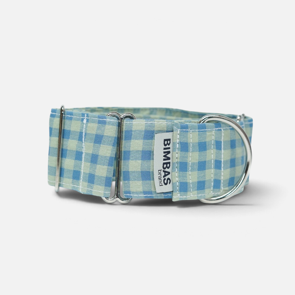 Collar martingale BIMBAS BRAND modelo Molly con estampado de cuadros vichy en tonos azul y blanco y anillas metálicas