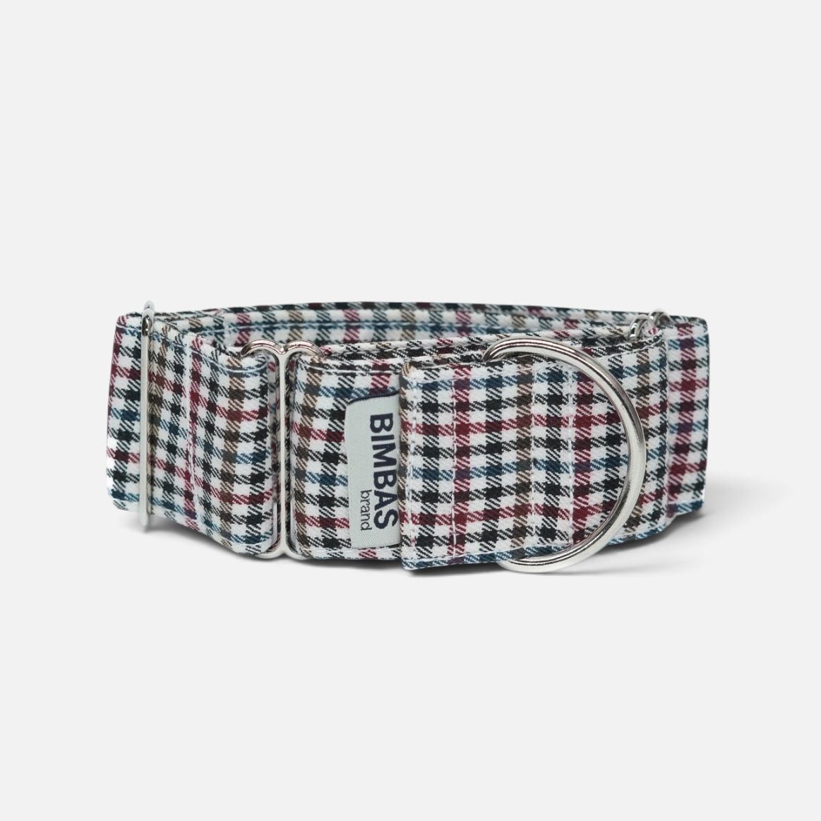 Collar Martingale BIMBAS BRAND con estampado de cuadros escoceses, anillas metálicas y refuerzo interior de nylon.