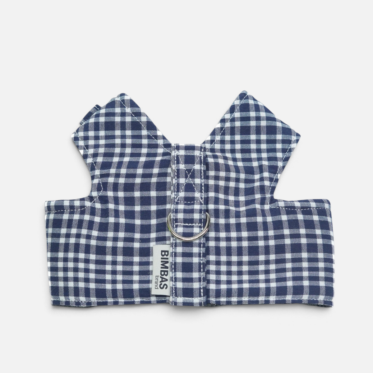 Arnés chaleco para perros BIMBAS BRAND con estampado de cuadros vichy azul y blanco y tejido de algodón