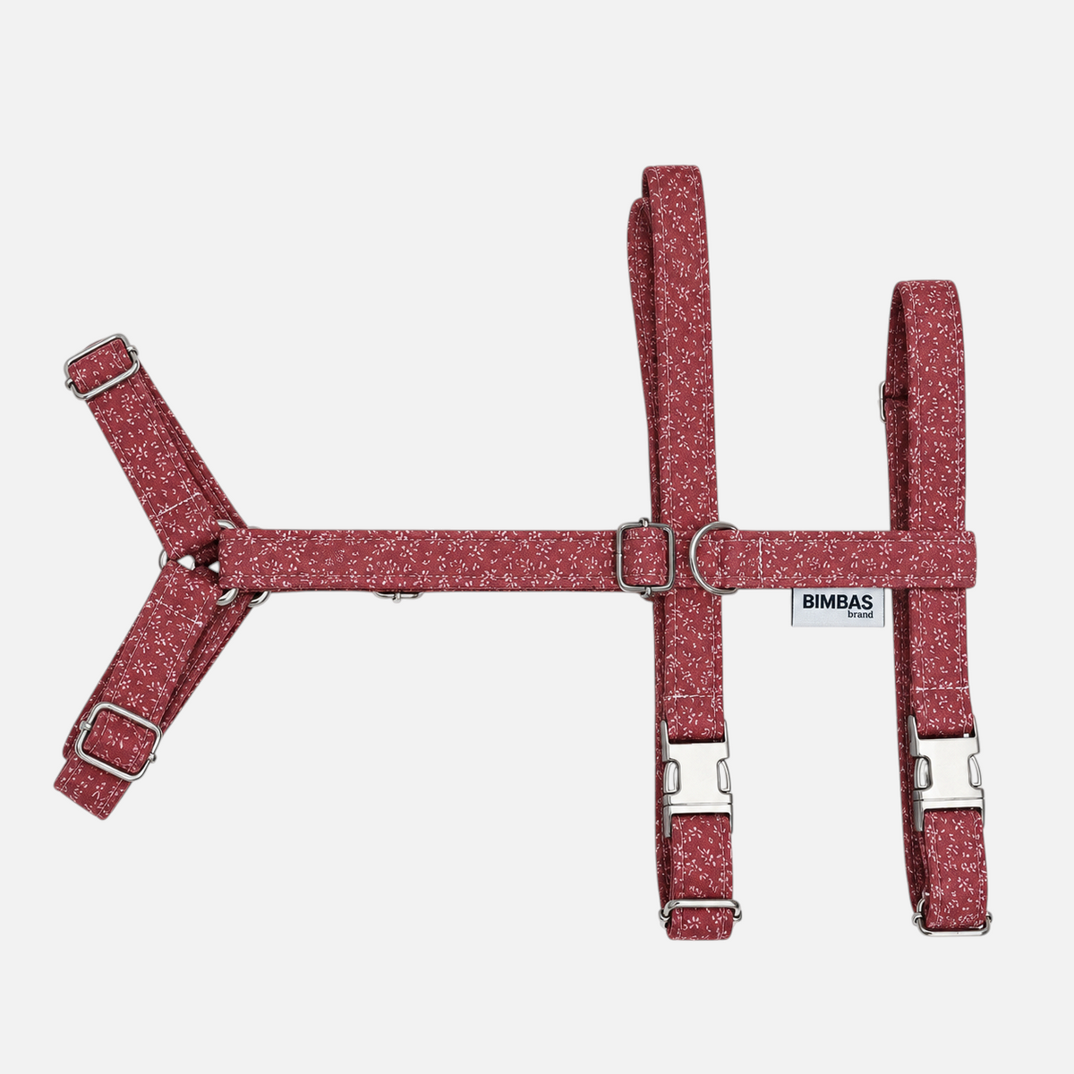 Arnés triple ajustable BIMBAS BRAND en color rojo con estampado floral, ideal para galgos y perros escapistas.