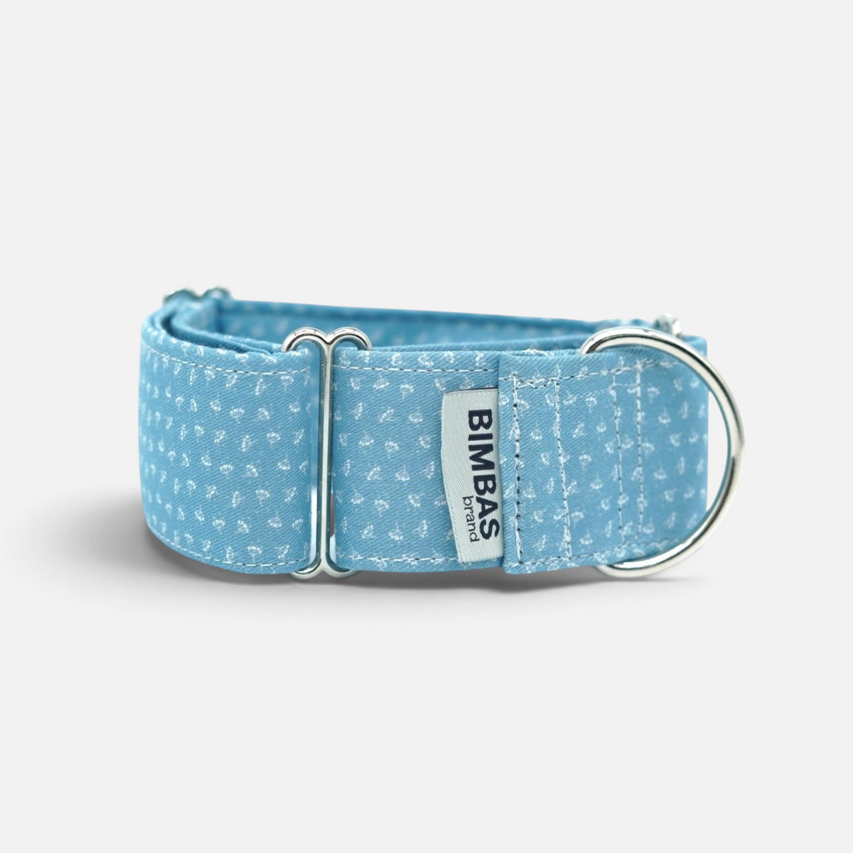 Collar martingale BIMBAS BRAND azul con estampado de puntos blancos y anillas metálicas reforzadas para perros