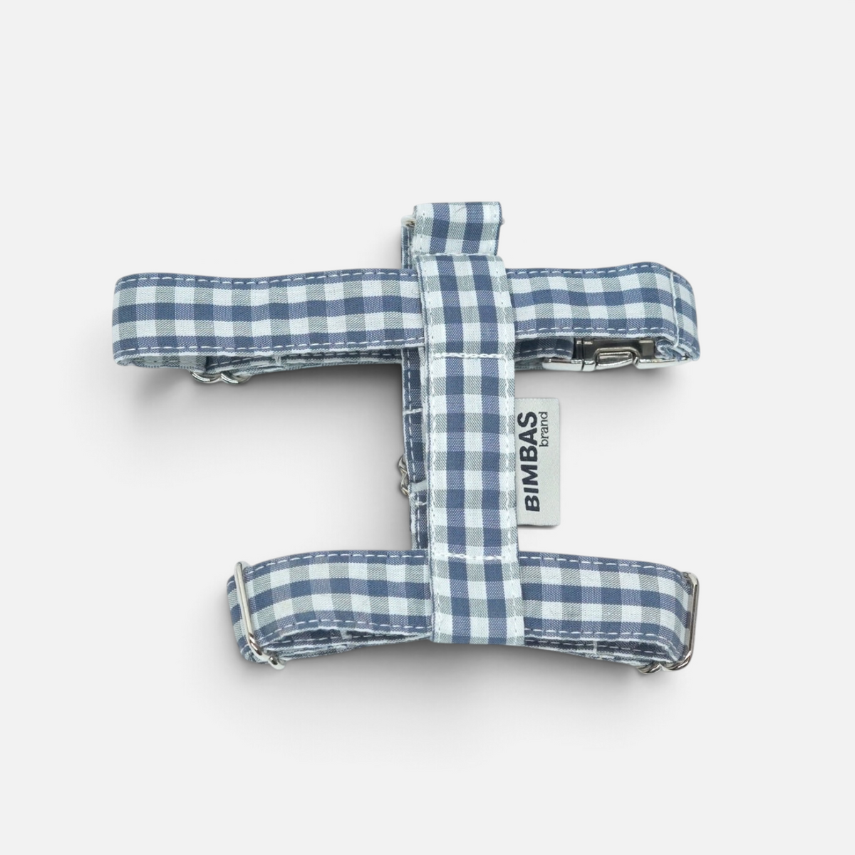Arnés ajustable BIMBAS BRAND para perro en tela de algodón con estampado de cuadros vichy grises y hebillas metálicas