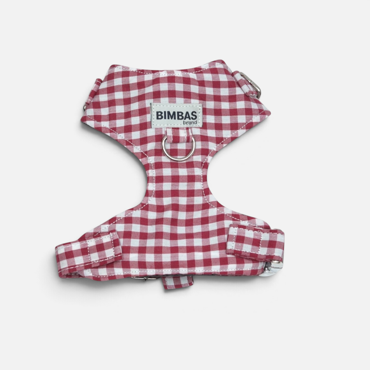 Arnés para perro BIMBAS BRAND con estampado de cuadros vichy granate, diseño ergonómico y malla transpirable.