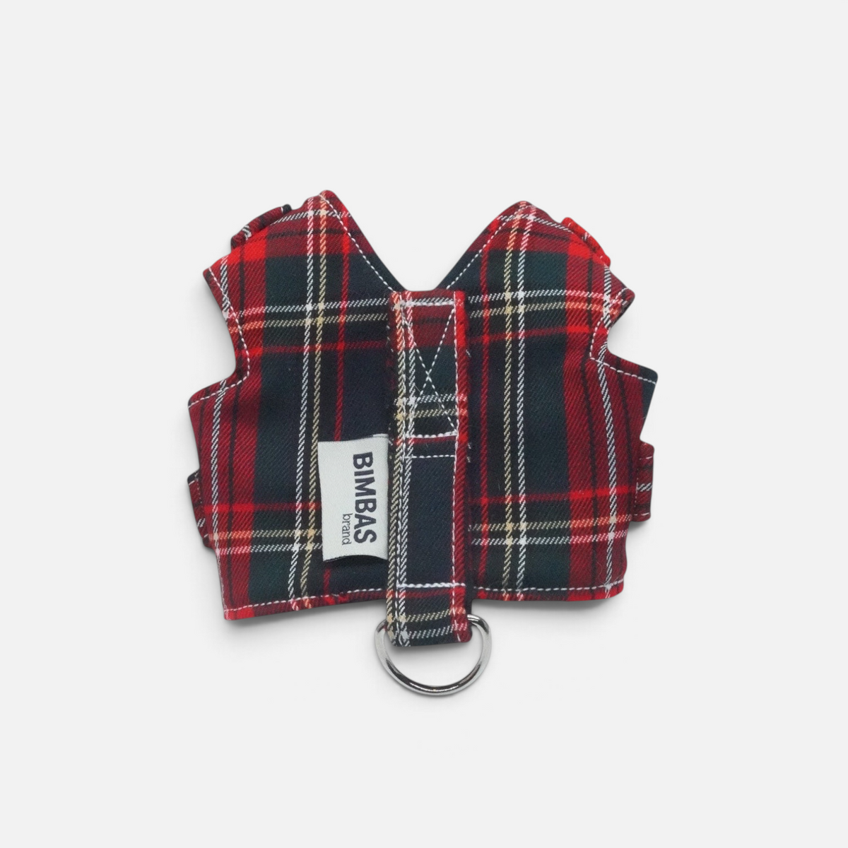 Arnés chaleco para perros BIMBAS BRAND con estampado de cuadros escoceses en rojo y verde, interior de malla.