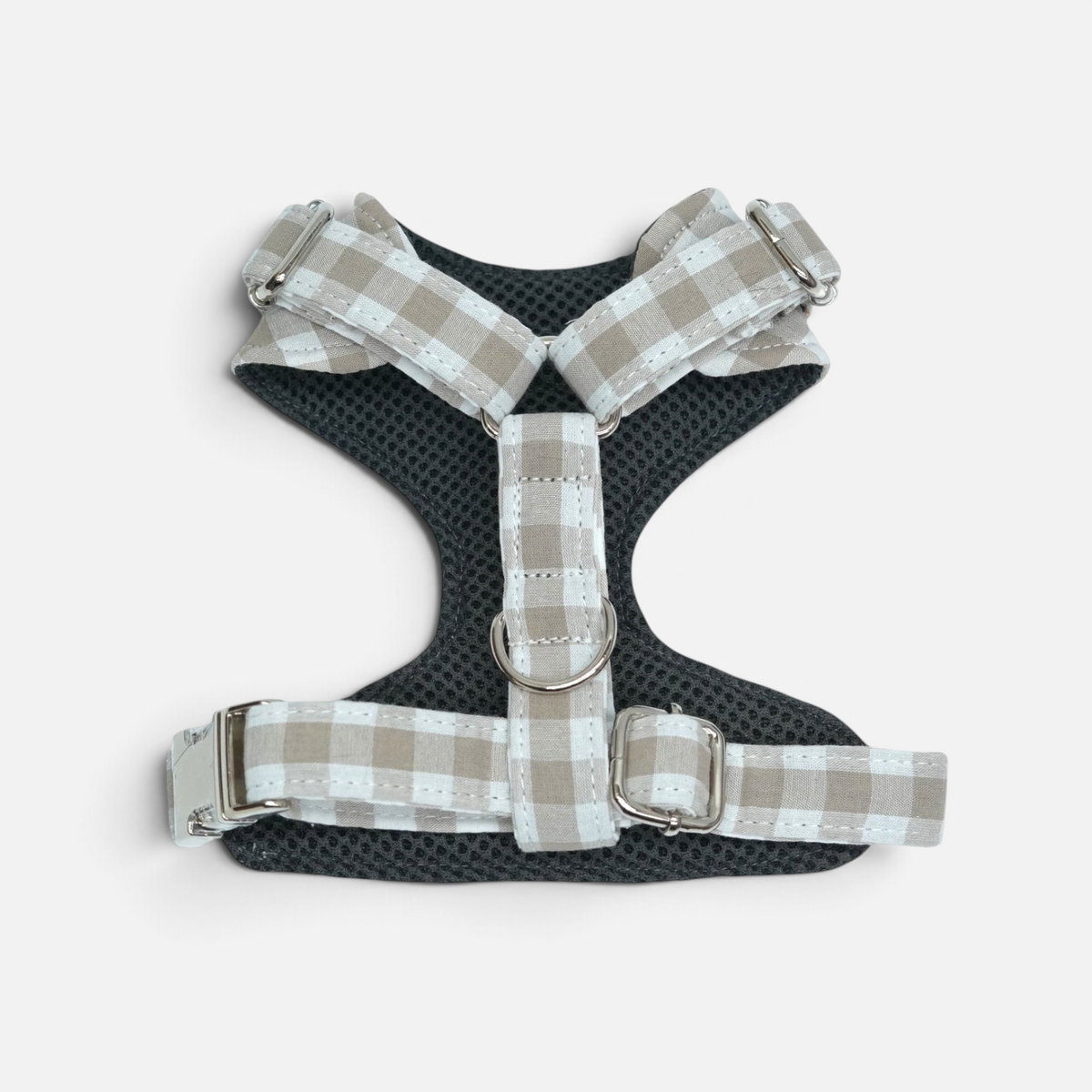 Arnés para perros BIMBAS BRAND de algodón con estampado vichy beige, diseño ergonómico y malla interior transpirable