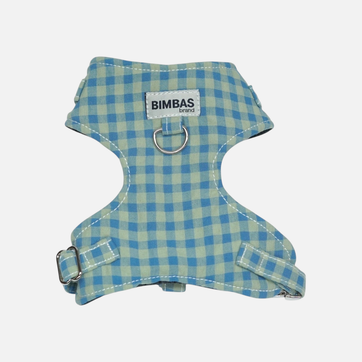 Arnés para perros BIMBAS BRAND modelo Molly con estampado de cuadros vichy en tonos azul y verde y herrajes metálicos