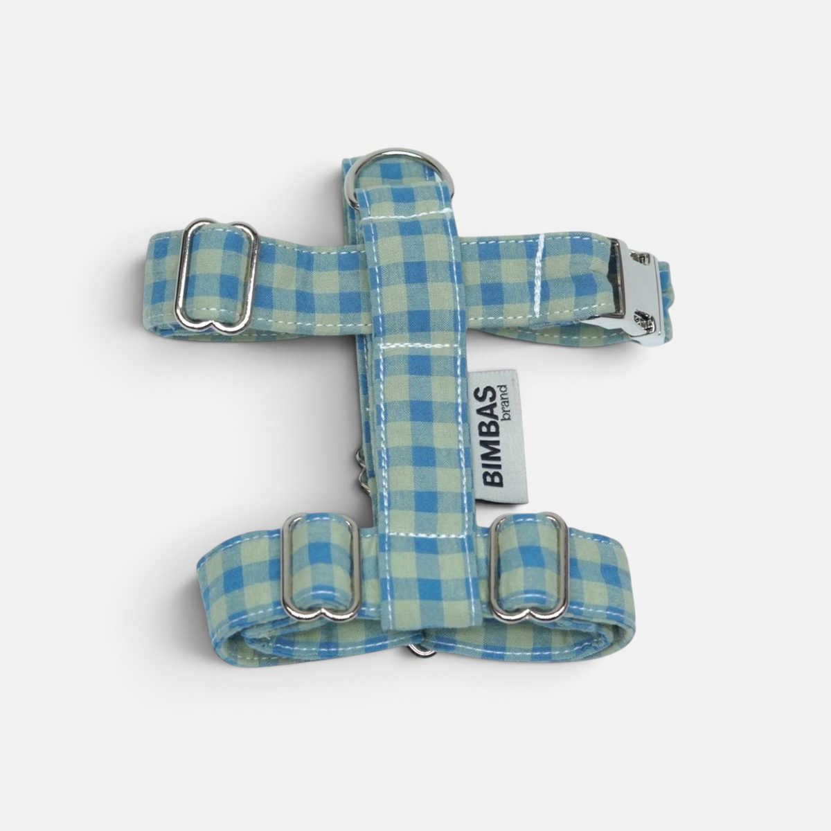 Arnés en H BIMBAS BRAND ajustable de algodón con estampado de cuadros vichy en tonos azul y verde y hebillas metálicas