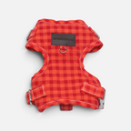 Arnés para perros BIMBAS BRAND de algodón rojo con estampado de cuadros vichy y diseño ergonómico ajustable.