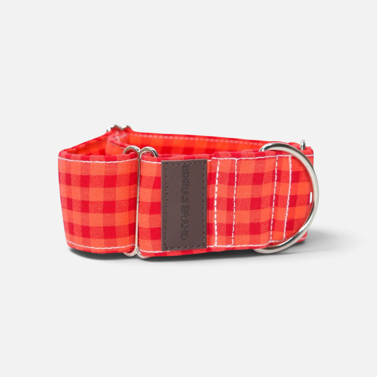 Collar martingale BIMBAS BRAND rojo con estampado de cuadros vichy y anillas metálicas de alta resistencia