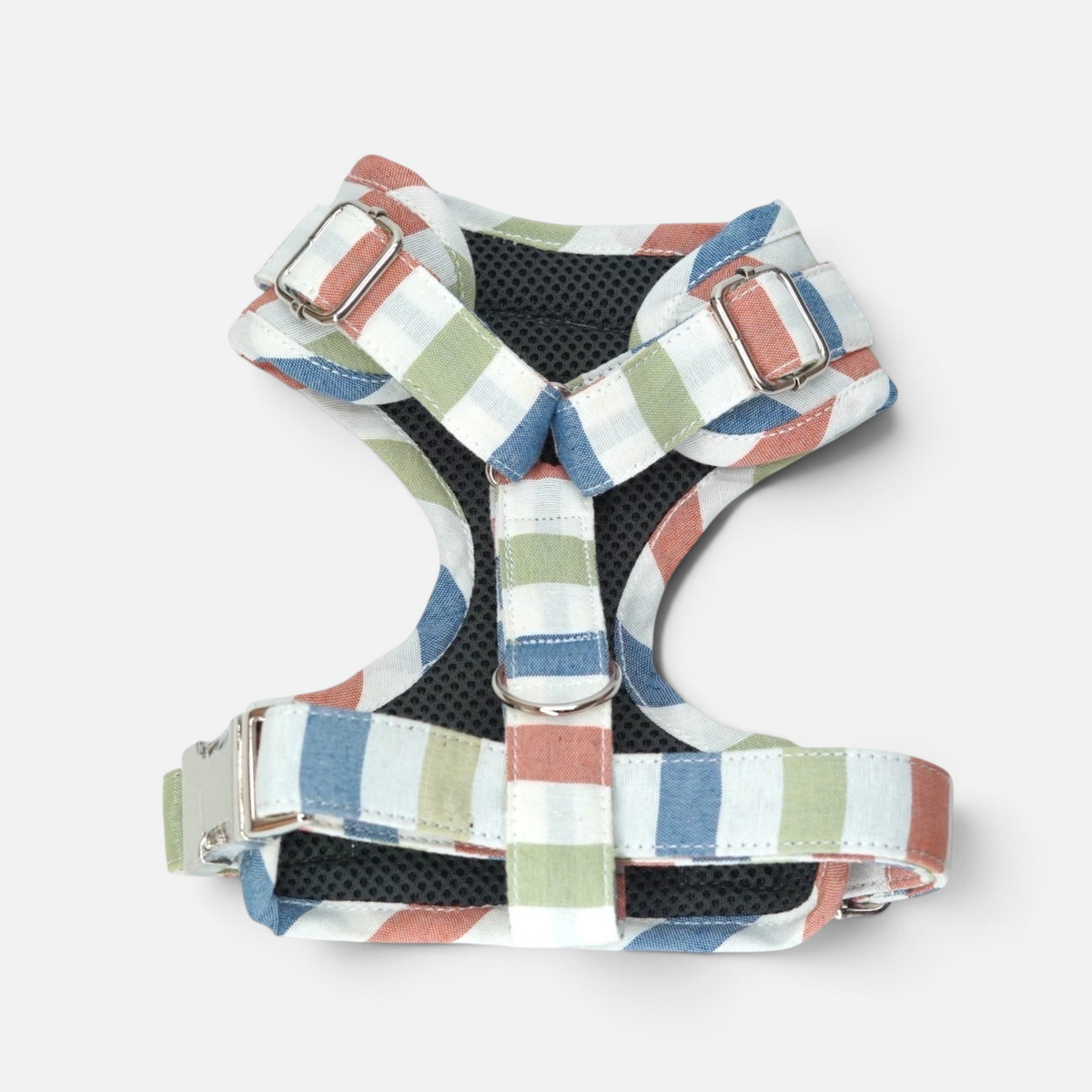 Arnés para perros BIMBAS BRAND Portofino de algodón a rayas multicolor con malla transpirable y hebillas metálicas.