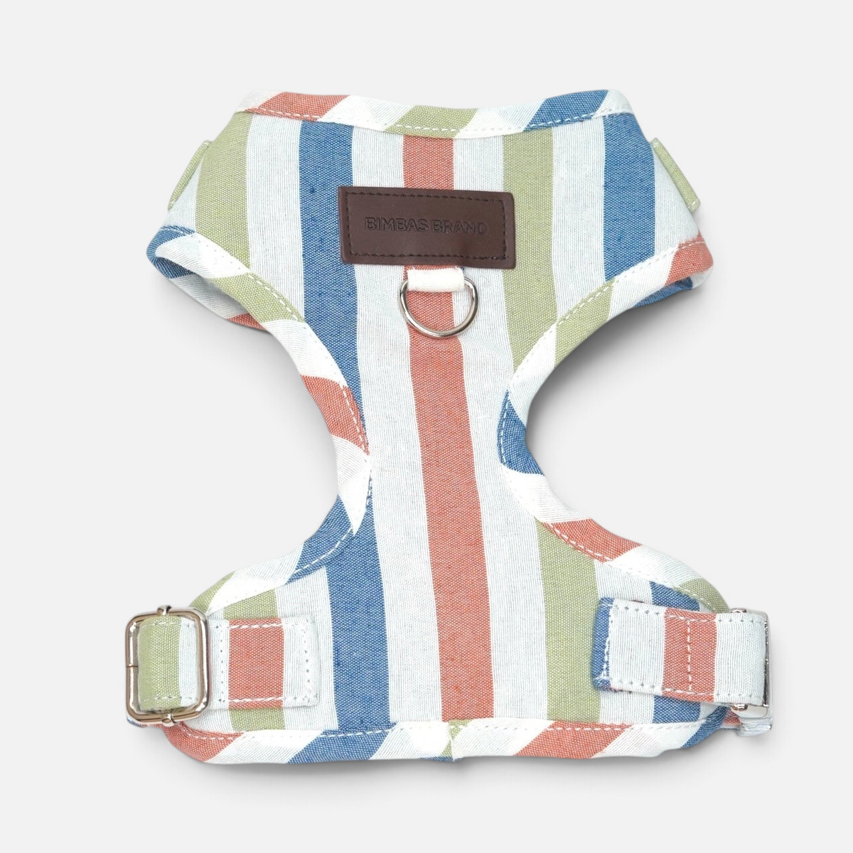 Arnés para perros BIMBAS BRAND modelo Portofino con estampado de rayas multicolor en algodón y malla transpirable