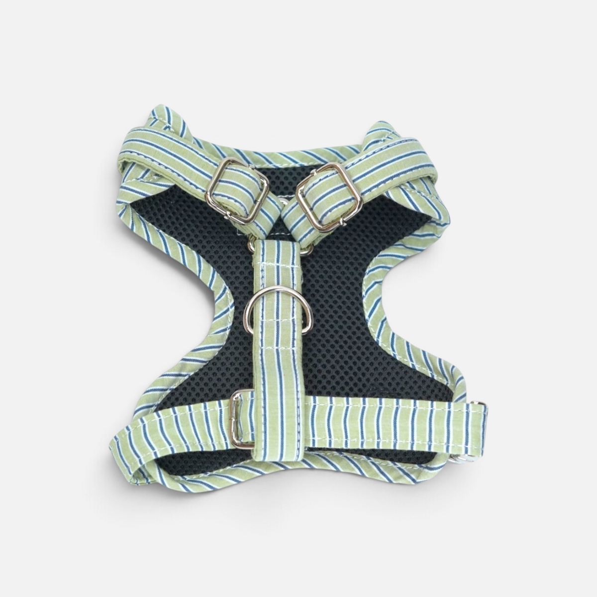 Arnés para perros BIMBAS BRAND modelo Brezza de algodón a rayas verdes y azules con malla interior transpirable