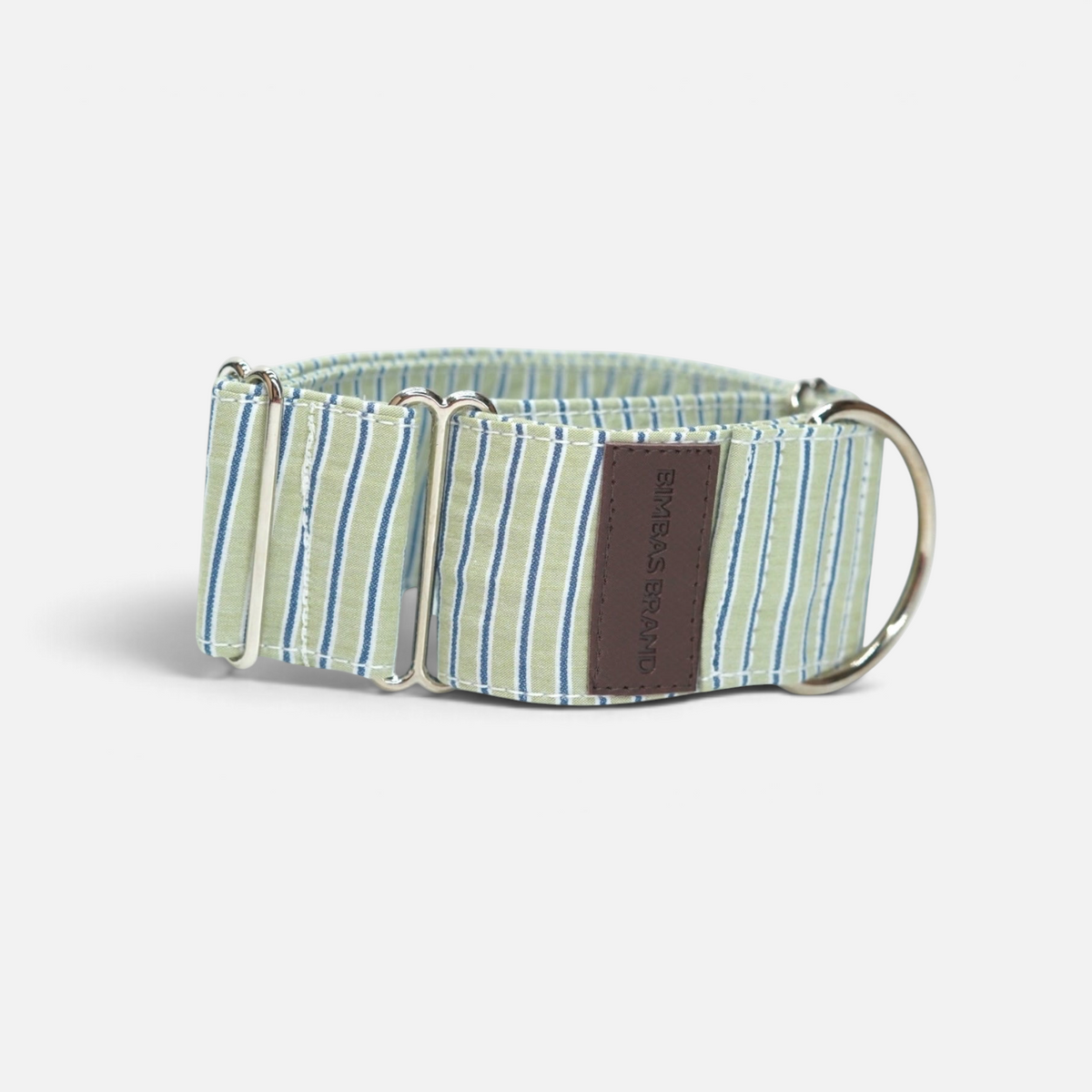Collar martingale BIMBAS BRAND de rayas verdes y azules con refuerzo de nylon y anillas metálicas resistentes