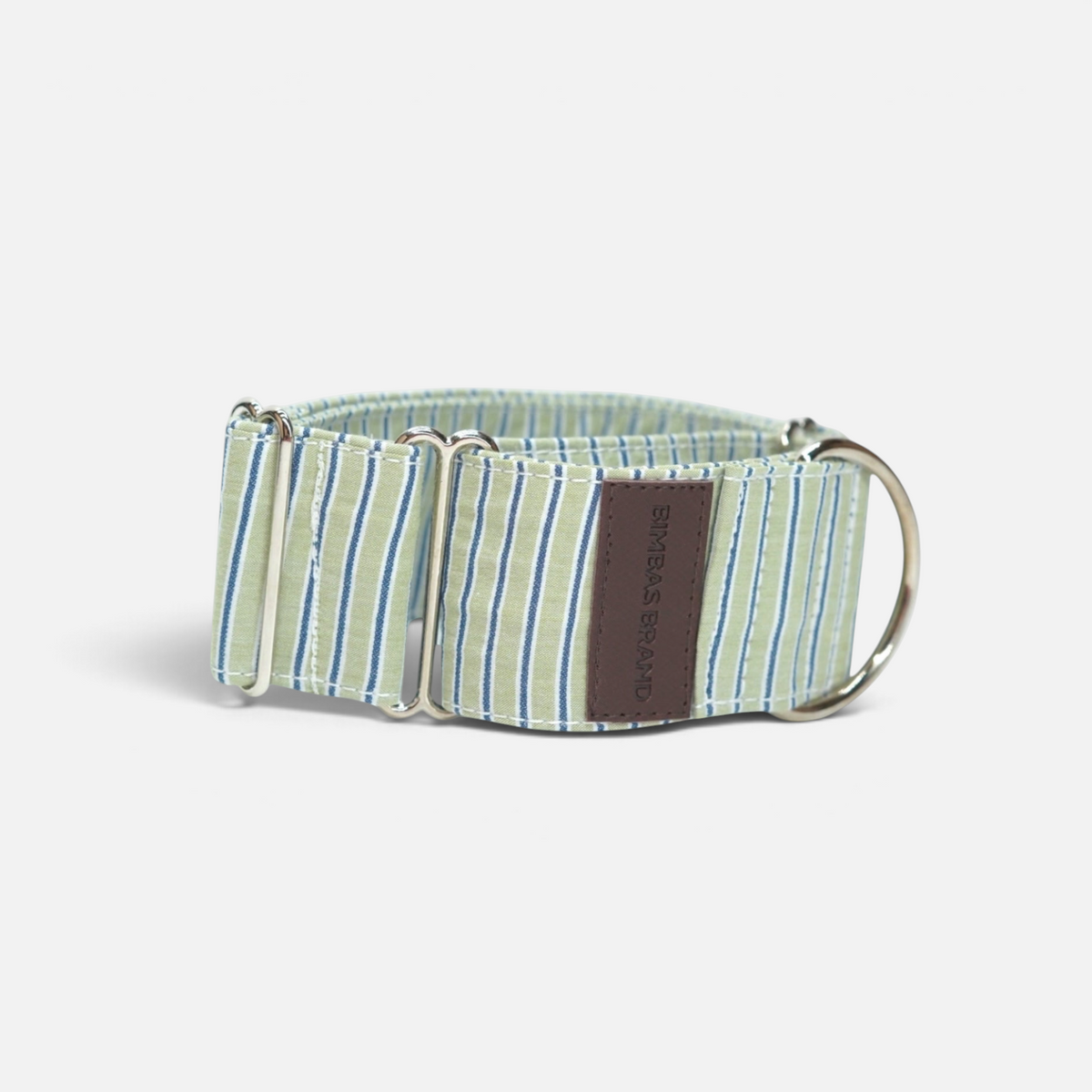 Collar martingale BIMBAS BRAND de rayas verdes y azules con refuerzo de nylon y anillas metálicas resistentes