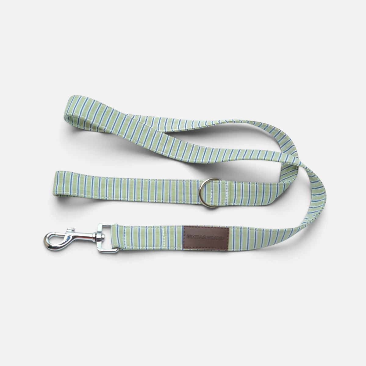 Correa para perro BIMBAS BRAND modelo Brezza con estampado de rayas verdes y azules y mosquetón metálico resistente.