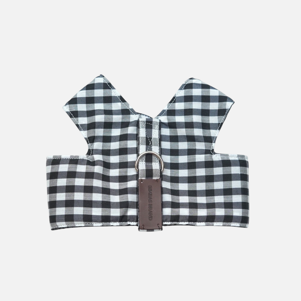 Arnés chaleco BIMBAS BRAND de algodón con estampado de cuadros vichy en blanco y negro y etiqueta de cuero